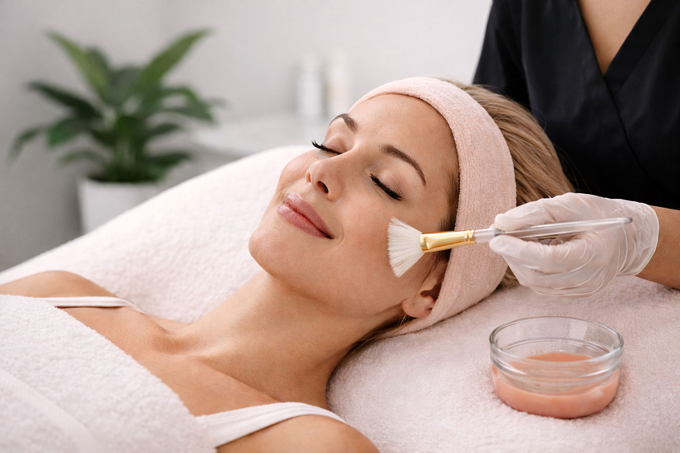 Woman recieving a chemical peel at Aesthetic Center of Lubbock, after learning about chemical peel recovery in Lubbock.