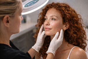 Young woman with sun damaged skin ipreparing for chemical peel recovery Lubbock at Aesthetic Center of Lubbock.