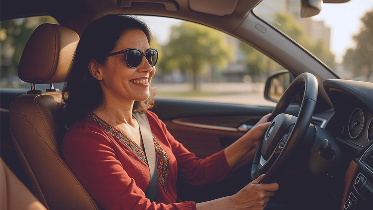 Selective Laser Trabeculoplasty (SLT) patient driving a luxury car on a sunny day