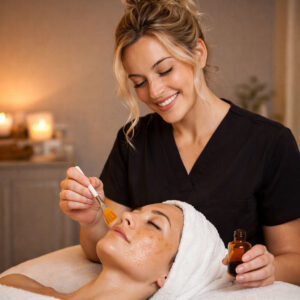 Female patient receiving a chemical peel for sun damage treatment at the Aesthetic Center of Lubbock in West Texas.