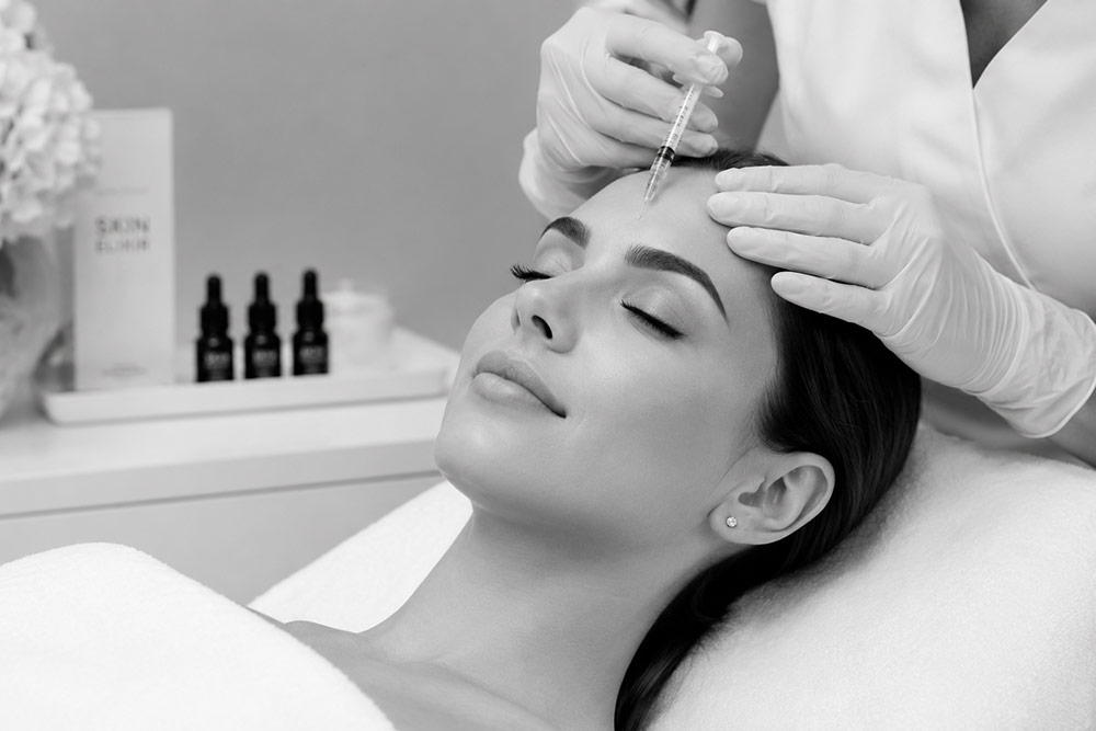 Woman receiving a Botox injection during a professional cosmetic treatment in a calm black-and-white medical spa setting.