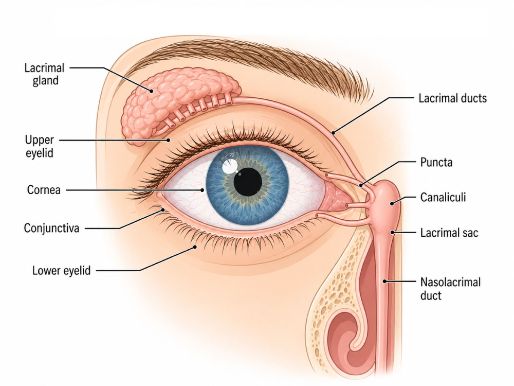 Illustration of the lacrimal gland and tear drainage anatomy, showing the lacrimal gland above the outer eye, tear ducts, puncta, canaliculi, lacrimal sac, and nasolacrimal duct.