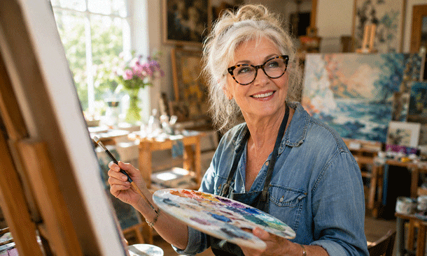Senior woman painting in her art studioafter deciding When she Should I Get Cataract Surgery from West Texas Eye Associates.