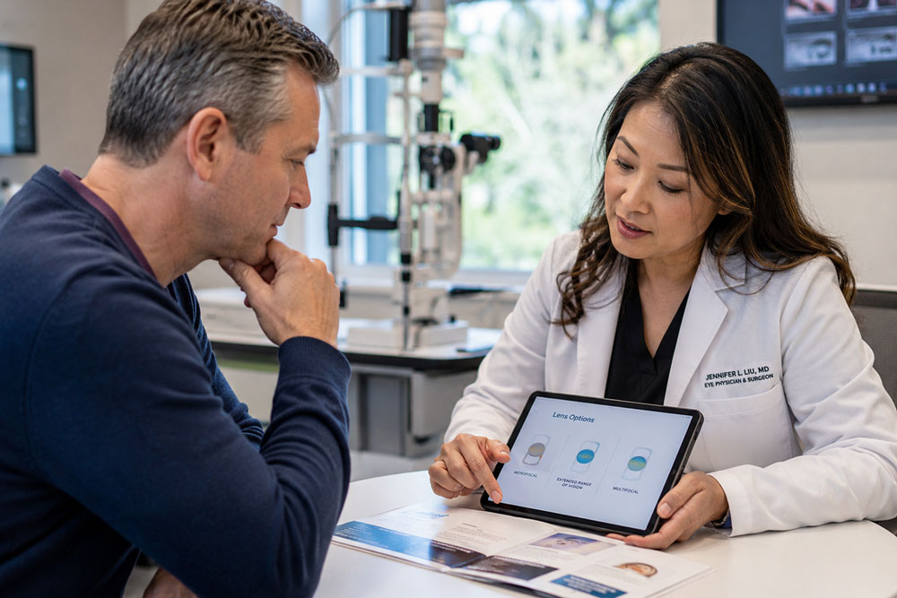 Doctor reviewing lens options with a patient during an eye care consultation.