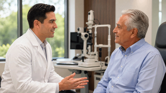 Patient and eye surgeon in a cataract surgery consultation to help determine When Should I Get Cataract Surgery at West Texas Eye Associates.