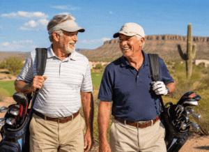 Two Senior men enjoying a day of golf after choosing from the right cataract lens options at West Texas Eye Associates.