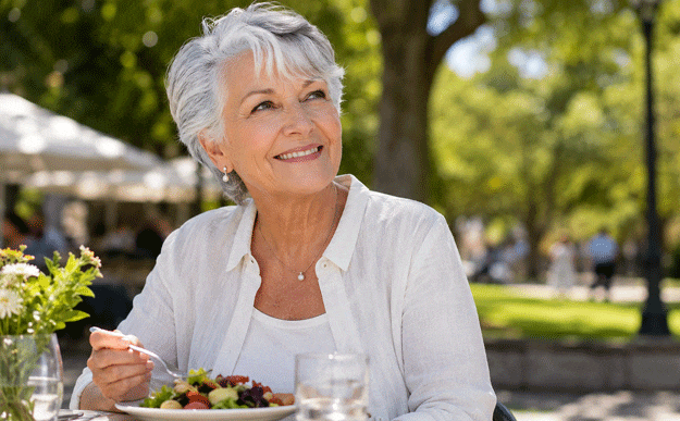 Senior woman having lunch at the park after eyelid surgery at West Texas Eye Associates.