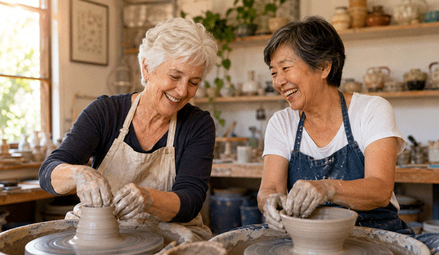Senior women throwing pots in their ceramic studio after deciding When Should I Get Cataract Surgery from West Texas Eye Associates.