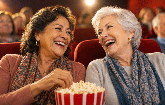 Dos mujeres mayores en el cine después de informarse sobre los costos de la cirugía de cataratas en West Texas Eye Associates en Lubbock.