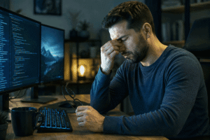 Man rubbing his eyes while working at a computer in a dark room, illustrating digital eye strain and eyes sensitive to light for West Texas Eye Associates.