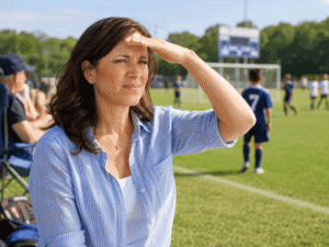 40-year-old woman shielding her eyes from bright sunlight at her son’s soccer game, illustrating eyes sensitive to light for West Texas Eye Associates.