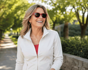 55-year-old woman smiling while walking outdoors in fashionable red sunglasses, illustrating eyes sensitive to light for West Texas Eye Associates.