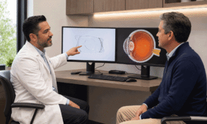 Eye doctor discussing EVO ICL treatment for nearsightedness with a patient at West Texas Eye Associates.