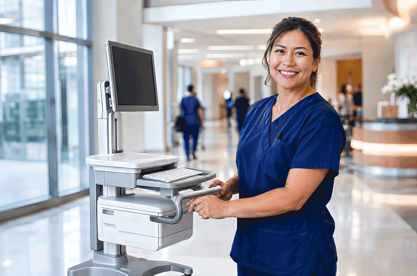 Smiling nurse wearing glasses beside a rolling medical cart for West Texas Eye Associates’ guide to nearsightedness.