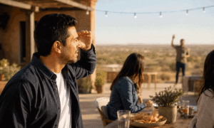 Man with nearsightedness squinting to recognize a friend in the distance at an outdoor gathering for West Texas Eye Associates.