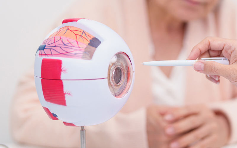 Image of a doctor sharing the placement of the tube shunt to a patient during their consultation.