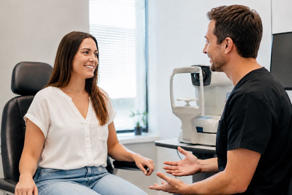 Woman learning about what to expect at her free LASIK eye surgery consultation in Lubbock, Texas.