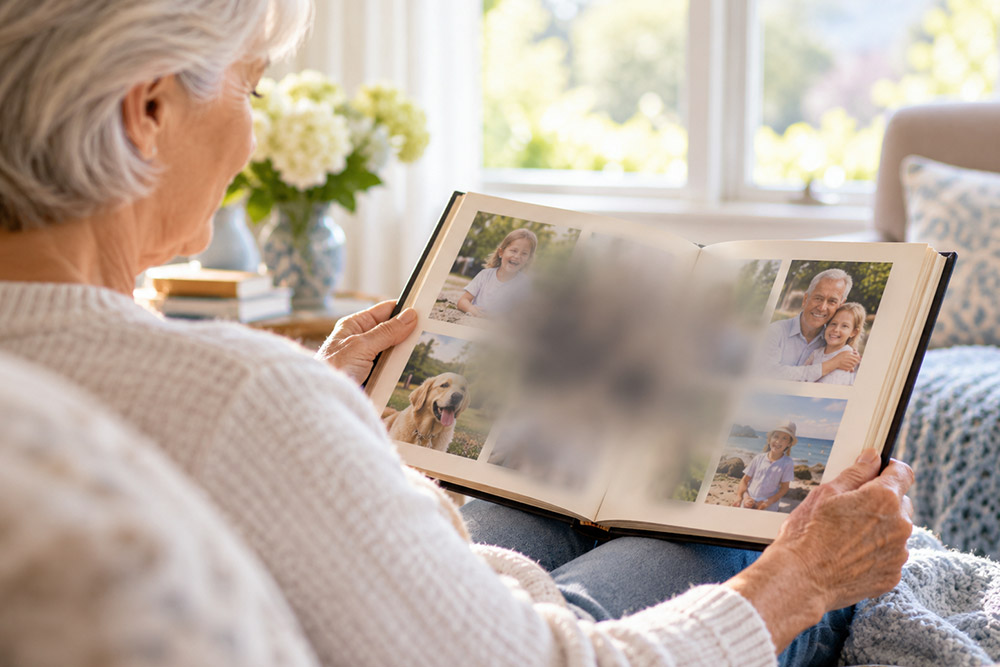 Senior woman viewing a photo album with blurred central vision representing macular degeneration.
