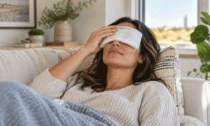 Woman using a cool compress at home to help relieve eye allergy symptoms.