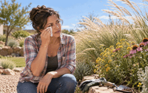 Woman experiencing watery eyes after exposure to pollen and wind while gardening in West Texas.