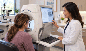 A younger woman completes a glaucoma visual field test while an eye doctor operates the equipment in a modern exam room.