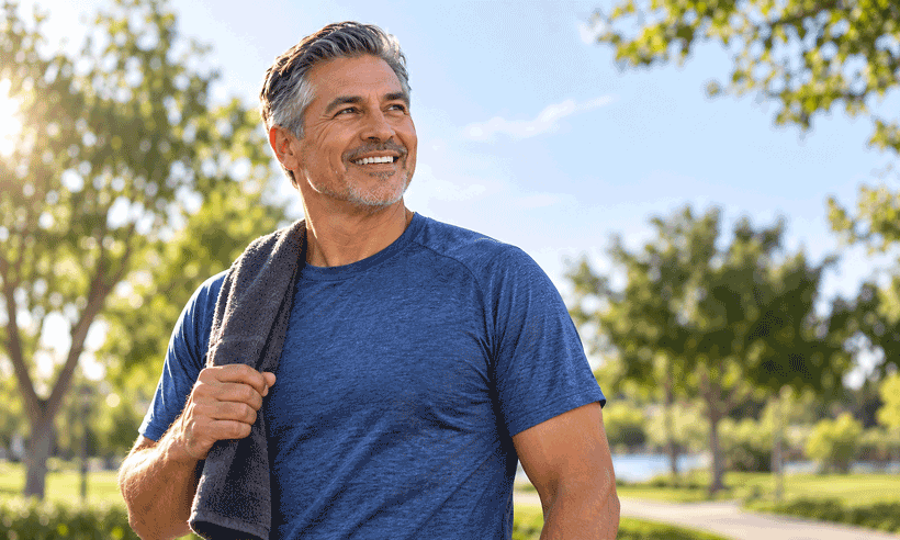 Half-Latino man smiling outdoors after exercising, representing an active lifestyle for West Texas Eye Associates’ guide to how LASIK works.