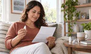 Woman reviewing LASIK recovery instructions and eye drops at home after treatment with West Texas Eye Associates.