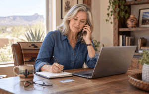 Patient checks whether refractive lens exchange is covered by insurance while reviewing benefits and planning costs at home.