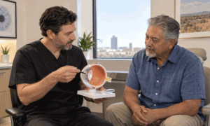 West Texas Eye Associates surgeon explains lens replacement to a patient learning whether refractive lens exchange is covered by insurance.