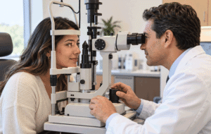 Eye surgeon examining a patient during a PRK recovery follow-up appointment
