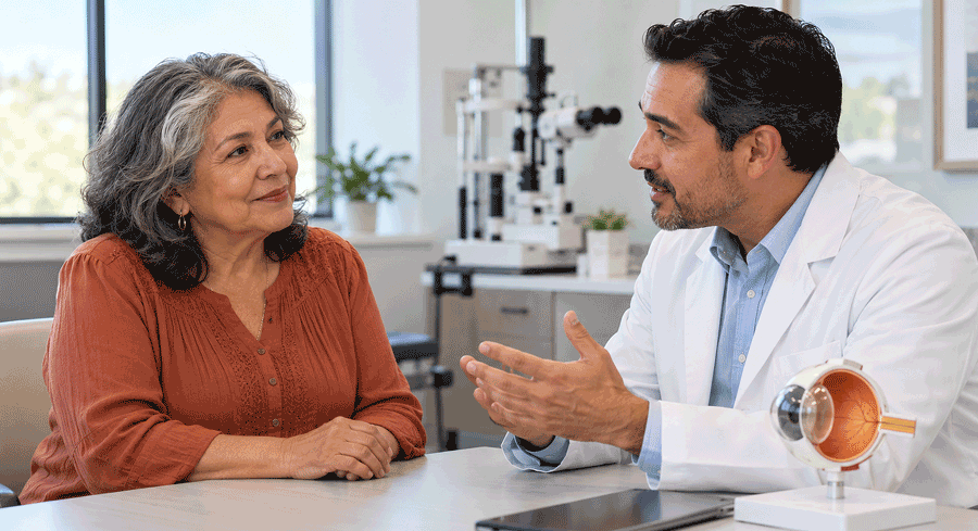 Older woman discussing cataract treatment options with an eye doctor in a bright, modern clinic.