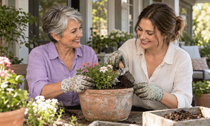 Mother in a lavender blouse and her adult daughter smiling as they plant pink and white flowers in a terracotta pot on a shaded patio.