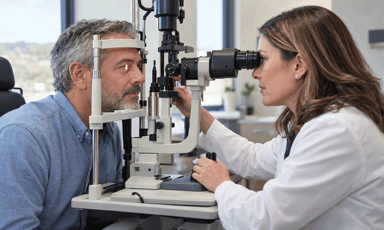 Male patient rests his chin and forehead against slit-lamp supports while a female eye doctor examines his eye through the microscope.